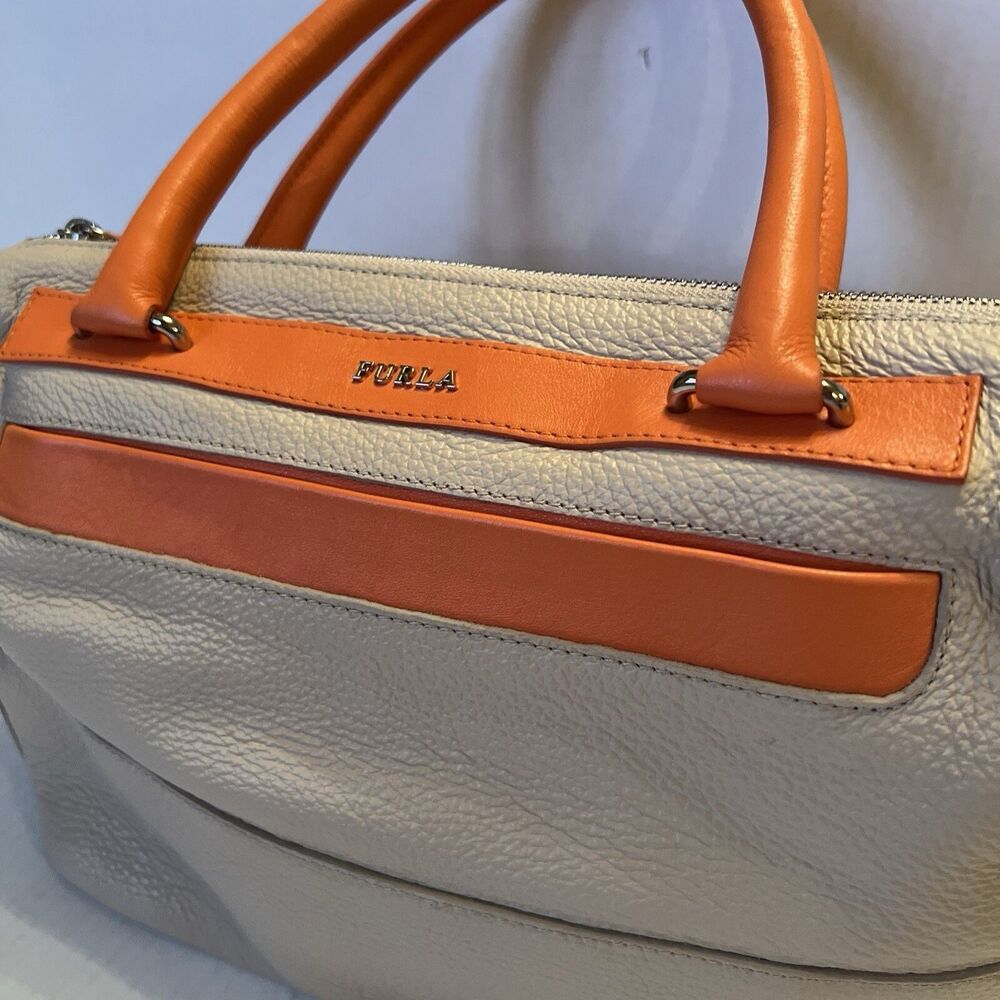 Furla Ivory Pebble Leather Handbag Orange  12"x8"x5"